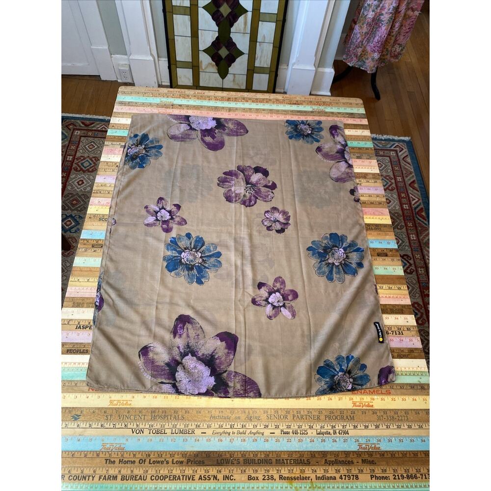 Floral Satin Scarf in Taupe with Purple & Blue Flowers